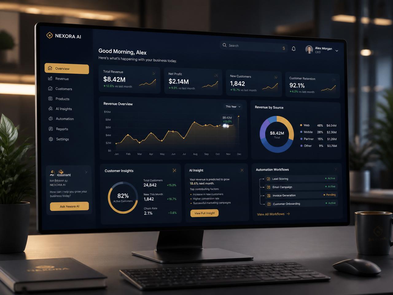 Modern business dashboard with AI analytics, revenue graphs, and automation workflows